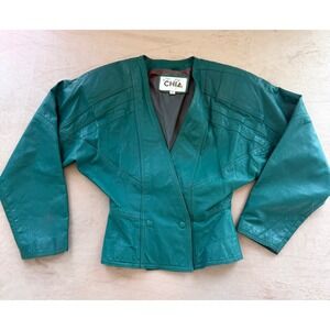 Vintage Chia Green Leather Batwing Jacket 80s V-Neck Double Button Size S 5946